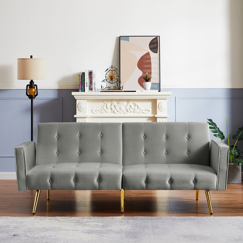 Canapé-lit à accoudoirs carrés en velours de 76 po Larrissa, Velours gris