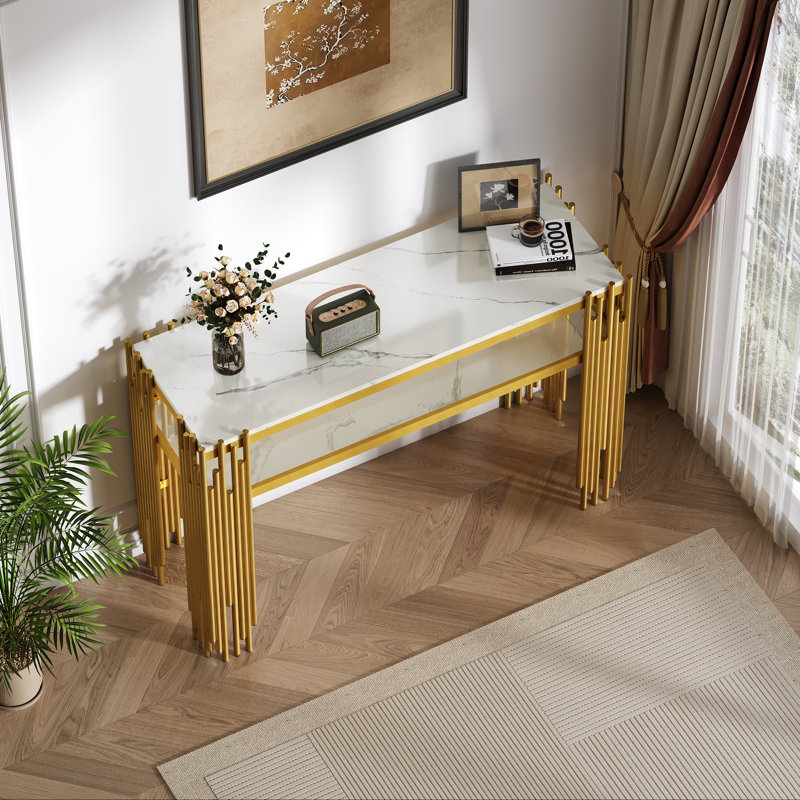 Wooden Console Table With Storage Shelves And Golden Legs, White