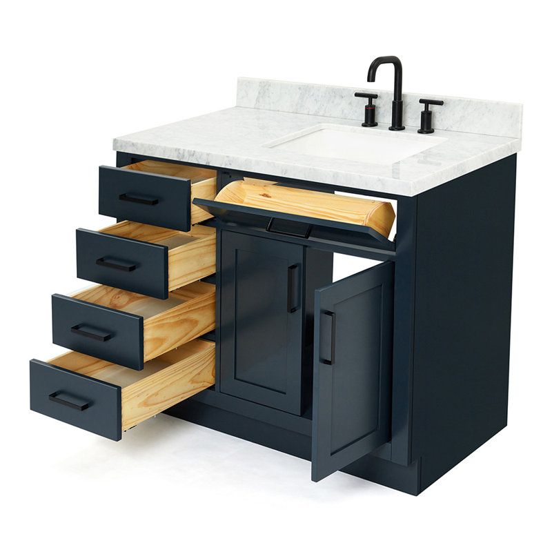 Meuble-lavabo simple en bois massif Tidworth de 42 po avec plateau en marbre de Carrare de 1,5 po, Oui, Forme rectangulaire