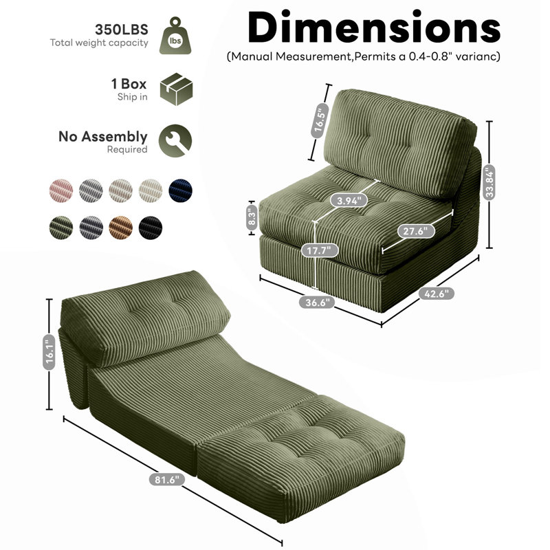  8.3" Compression Futon mattress, Folding Sofa Bed, Modern Corduroy Upholstered Sofa Comfortable Accent Chair, Green