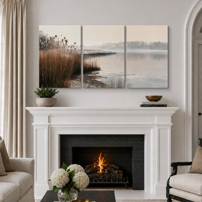 Rustic Countryside " Winter Reeds Lake Landscape Artwork, Living Room Pictures, Framed Canvas Giclee Print 3 Pieces Wall Art - 16"x24"x3pcs, 24"x36"x3pcs " Print
