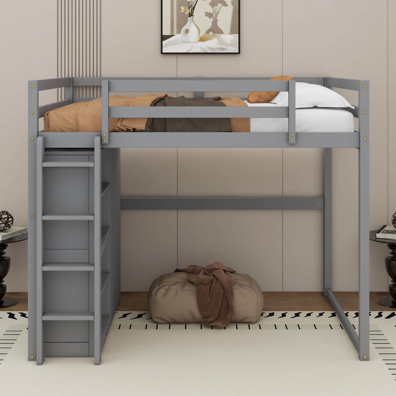 Lit mezzanine double avec tablettes et DEL, Gris