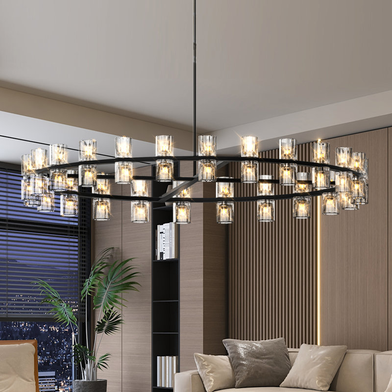 Luxueux cristal de fer noir de 48 pouces, éclairage pour les espaces de vie et de salle à manger, éclairage à DEL, câblé, blanc chaud 2700K, même, installation facile avec cristaux transparents, plafond -