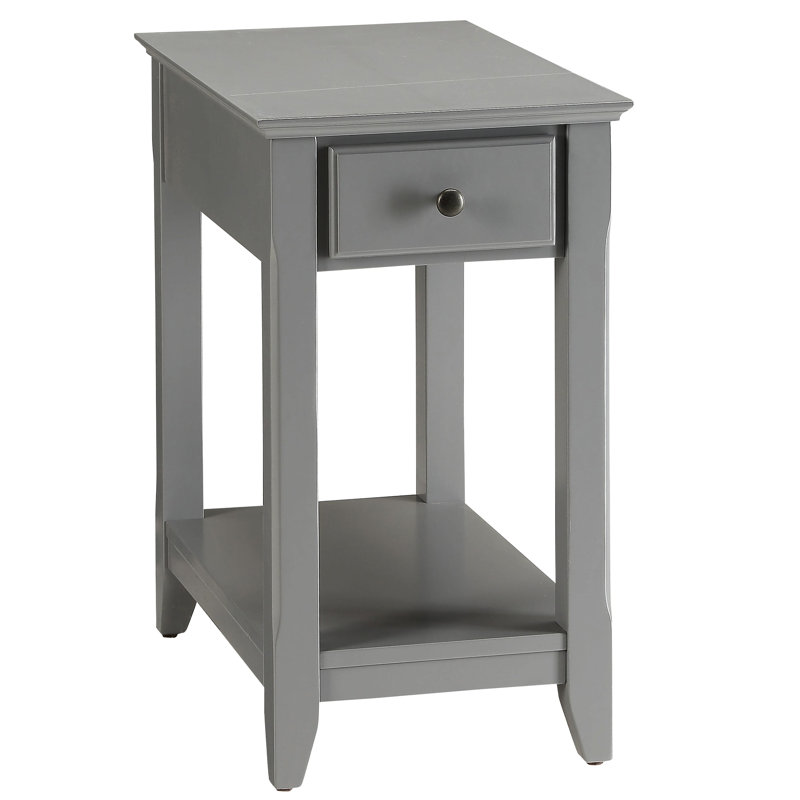 Table grise avec tablette de rangement inférieure ouverte et structure de pieds rectangulaire en dessous