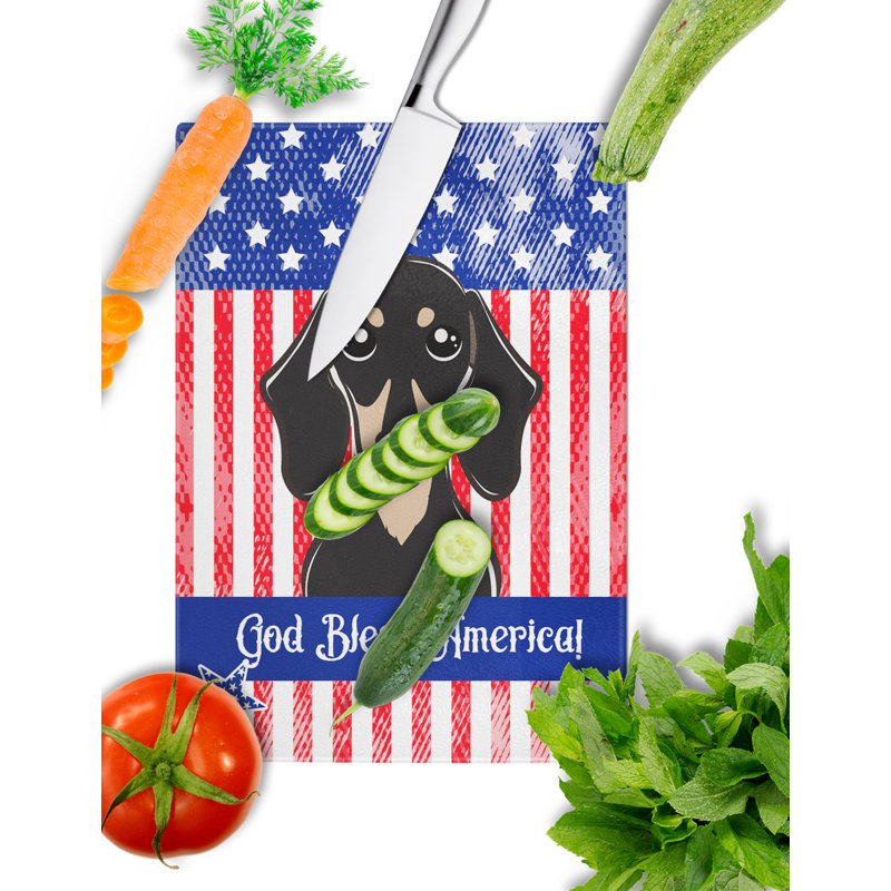 Caroline's Treasures Tempered Glass God Bless American Flag Cutting Board, Smooth Black and Tan Dachshund
