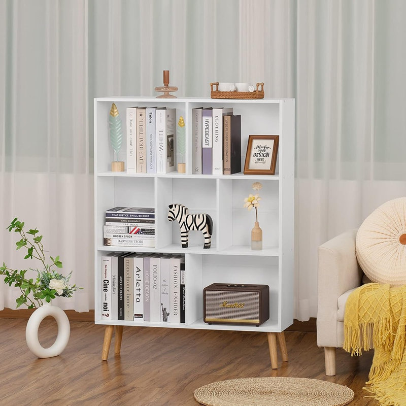 Bibliothèque blanche à 3 niveaux avec pieds, rangement à 7 cubes, bibliothèque minimaliste et tablettes de présentation pour la chambre à coucher, le salon ou le bureau