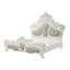 Très grand lit Kin, blanc rétro orné, similicuir beige touffeté