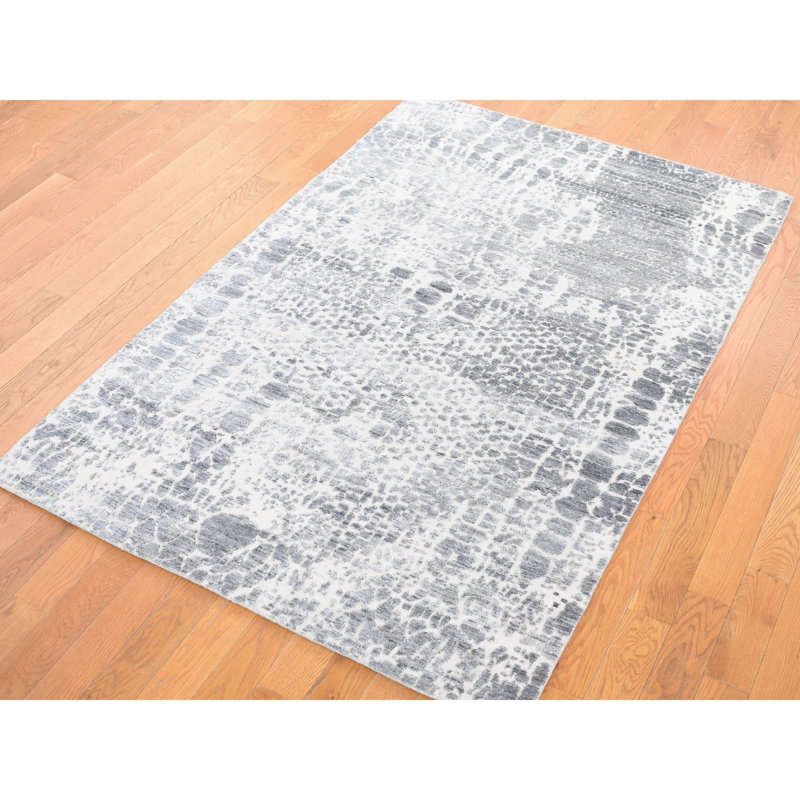 Tapis oriental ivoire 4 pi x 6 pi, de conception moderne, en soie nouée à la main avec de la laine texturée, DAAA6D51371B42FA8D0889432FC62092