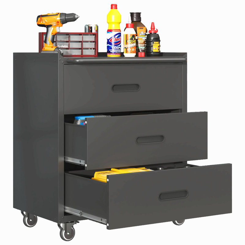 Armoire de rangement en métal robuste avec roulettes - Armoire à outils à 3 tiroirs pour les solutions de rangement de garage, de bureau et de maison