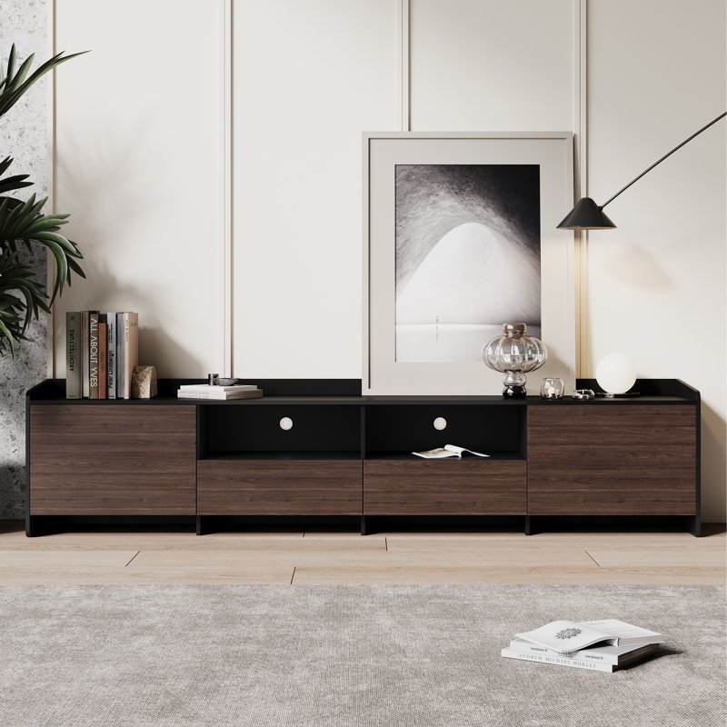 Modern 78'' Black And Walnut TV Stand With Storage Cabinets And Drawers,Media Console With Open Shelves For Living Room