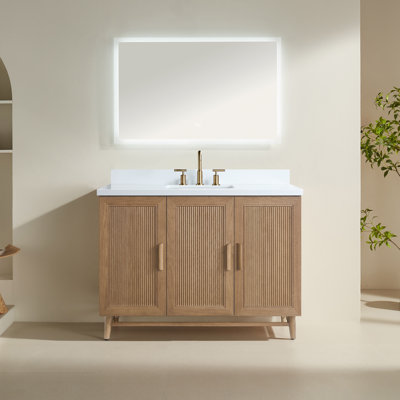 Meuble-lavabo de salle de bain autoportant 48 po entièrement assemblé avec plateau en bois massif et plateau blanc entièrement assemblé