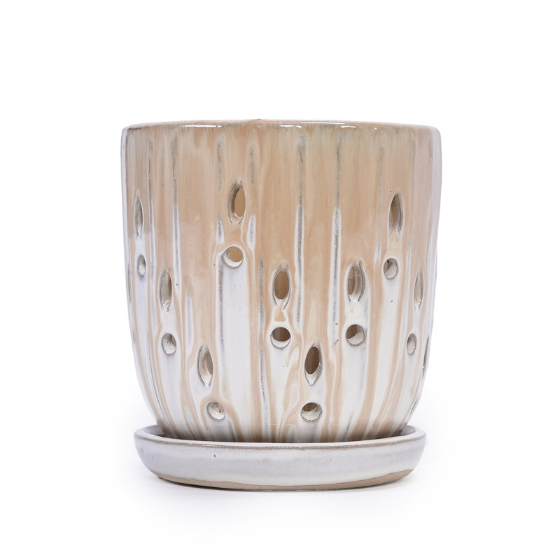 Of 2 8" Brown And Antique White Striped Ceramic Flowerpots With Drainage Hole. Suitable For Indoor Outdoor Use, Patio, Garden, Windowsill. Reinforced Glossy Flowerpots, All - Weather Windowsill,
