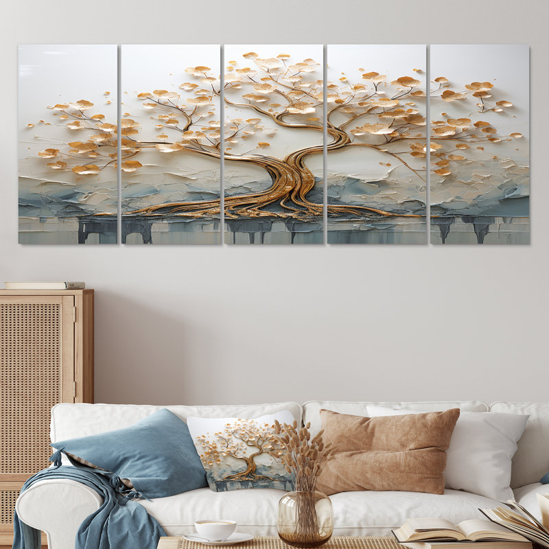 Arbre doré dans un lac au début du printemps I - ensemble d'art mural 5 pièces, H 28 po x l 60 po