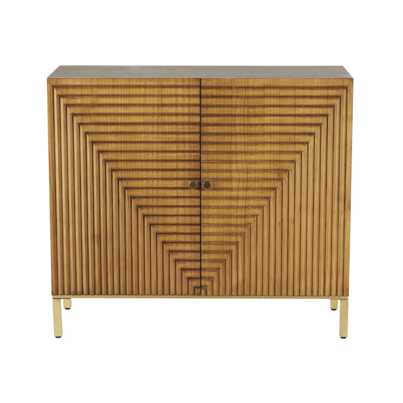 Seiter Wood Carved Square Geometric Brown Cabinet with Gold Accents