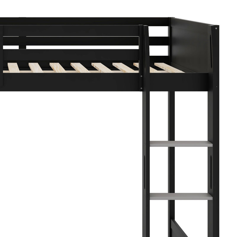 Lit superposé en bois pour adolescent avec bureau, tablettes, lumières USB et DEL, Black+grey