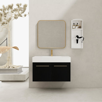 Meuble-lavabo de 36 pouces avec lavabo en résine à rebords épais et support de rangement séparé, style contemporain, charnières à fermeture douce, matériau, spacieux pour couleur châtaignier noir, facile à nettoyer