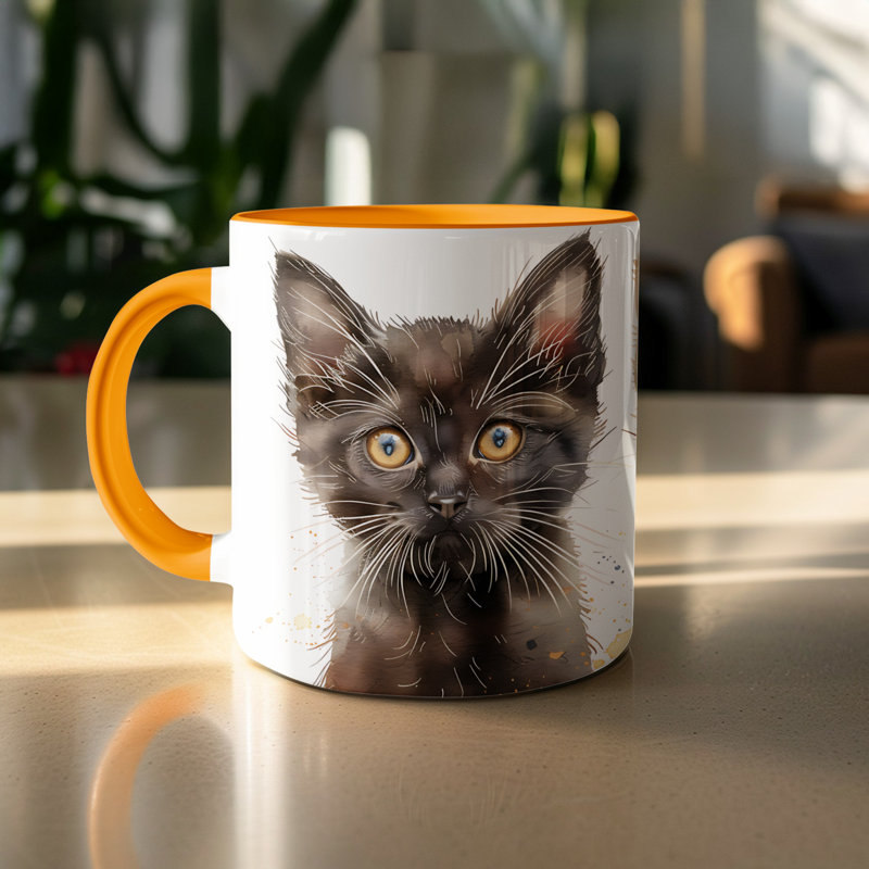 Cat Design 11oz Accent Mug – Ceramic Coffee Cup with Colored Handle and Interior, 4, Orange