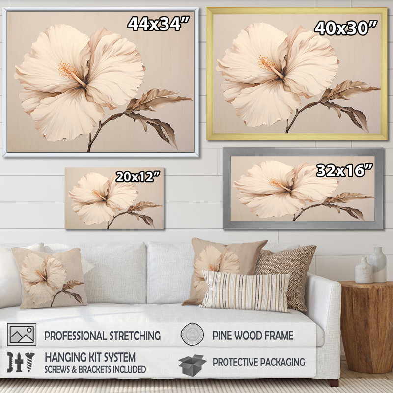 «Beige minimalisme», impression d'hibiscus sur toile, Cadre simple noir, H 24 po x l 32 po x P 1 po