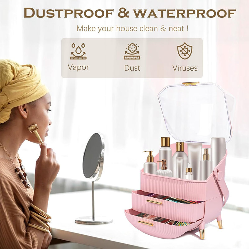 Pink ABS Makeup Organizer with Lid and Drawers
