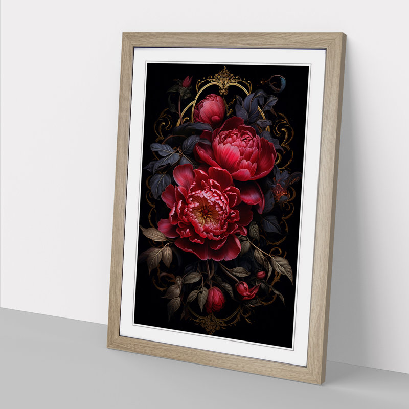 Peony Flower Gothic - Single Picture Frame Print on Wood, 64cm H x 46cm W x 2cm D, Oak Framed