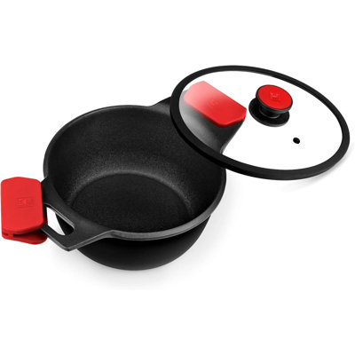 BRA COOKWARE Infinity Nonstick Stock Pot w/ Glass Lid | 8 Inch 2.8 Quart Cast Aluminum Cooking Pot | PFOA/PFAS Free Deep Pot | All Cooktops (incl Induction) | Removable Silicone Handle