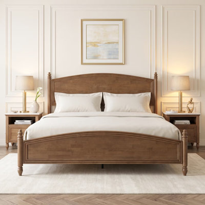 Legacy King Size Traditional Solid Wood Poster Bed with Arched Panel Headboard & Turned Legs, Chestnut Brown Finish