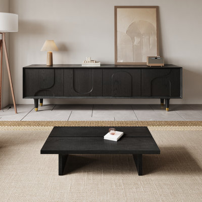 Meuble télé noir moderne pour téléviseur de 75 po, console média 71 po avec 4 portes, meuble télé Mid-Century avec pieds en bois massif, table télé pour le salon, pré-assemblé