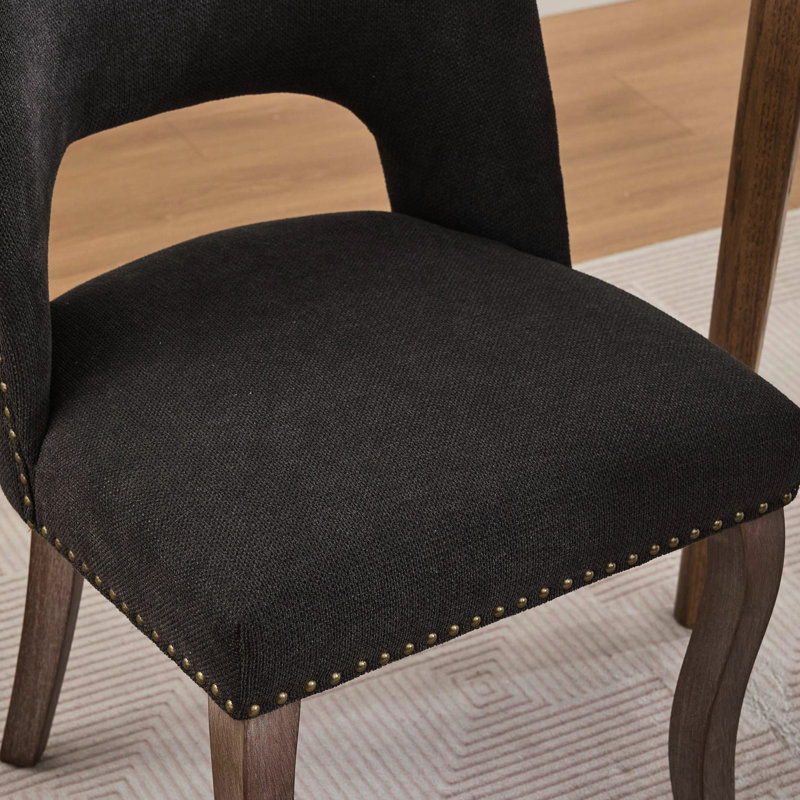 Chaises de salle à manger noires, tissu moderne recouvert de 2, conception évidée, courbé avec des clous en cuivre faits à la main, respirant et usé, système à double rebond, pieds en bois d'hévéa massif pour les salles d'art 2 américaines