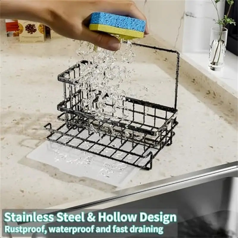 Stainless Steel Sink Caddy Organizer With Brush & Dishcloth Holder, Rustproof Kitchen & Bathroom Storage Basket With Drain Tray - Black