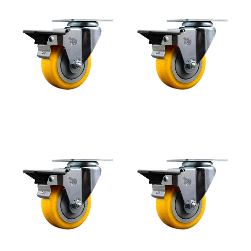 Ensemble de roulettes à plaque pivotante de 3,5 pouces en poly jaune pour roulettes Posi