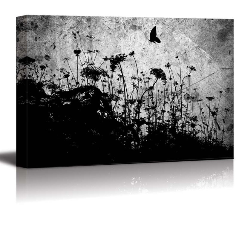 «Vibrant Wildflower Beautiful» noir et blanc d'un champ et d'un papillon sur toile, H 24 po x l 36 po x P 1,5 po