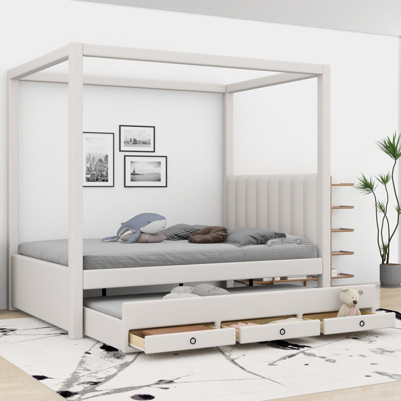 Upholstery Canopy Platform Bed With Trundle, Full