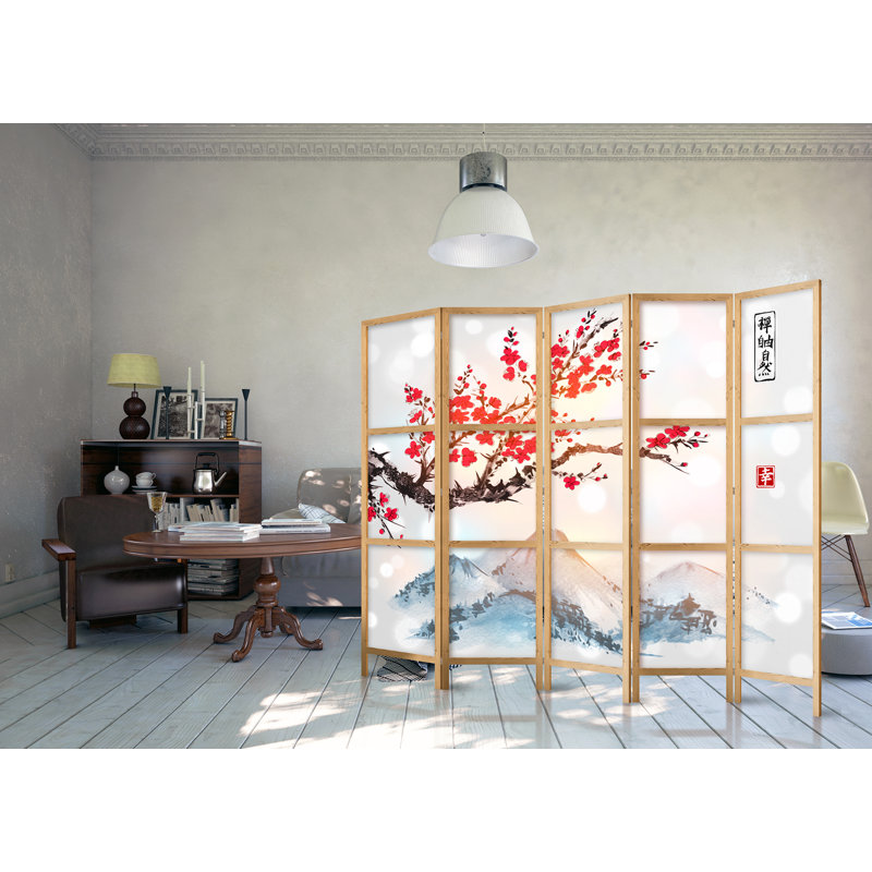 225cm W x 171cm H 5 - Panel Solid Wood Folding Room Divider