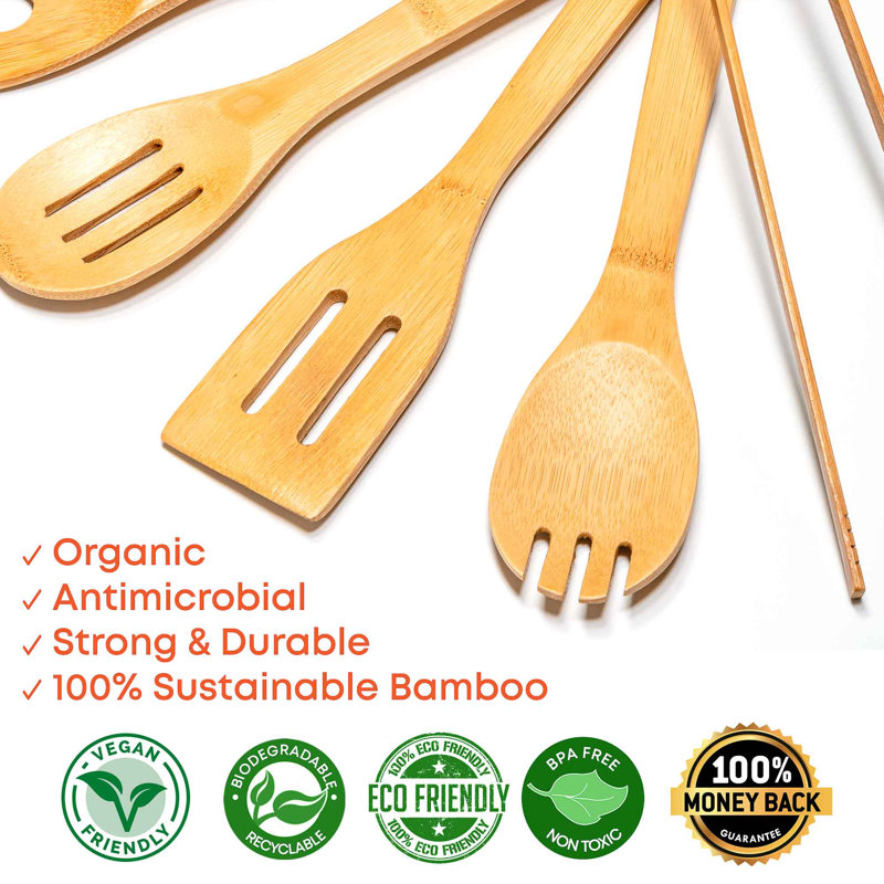  Wooden Kitchen Utensils Set of 7 - Bamboo Cooking Utensils for Non-Stick Cookware - Wooden Spatulas, Wooden Spoons, Tongs