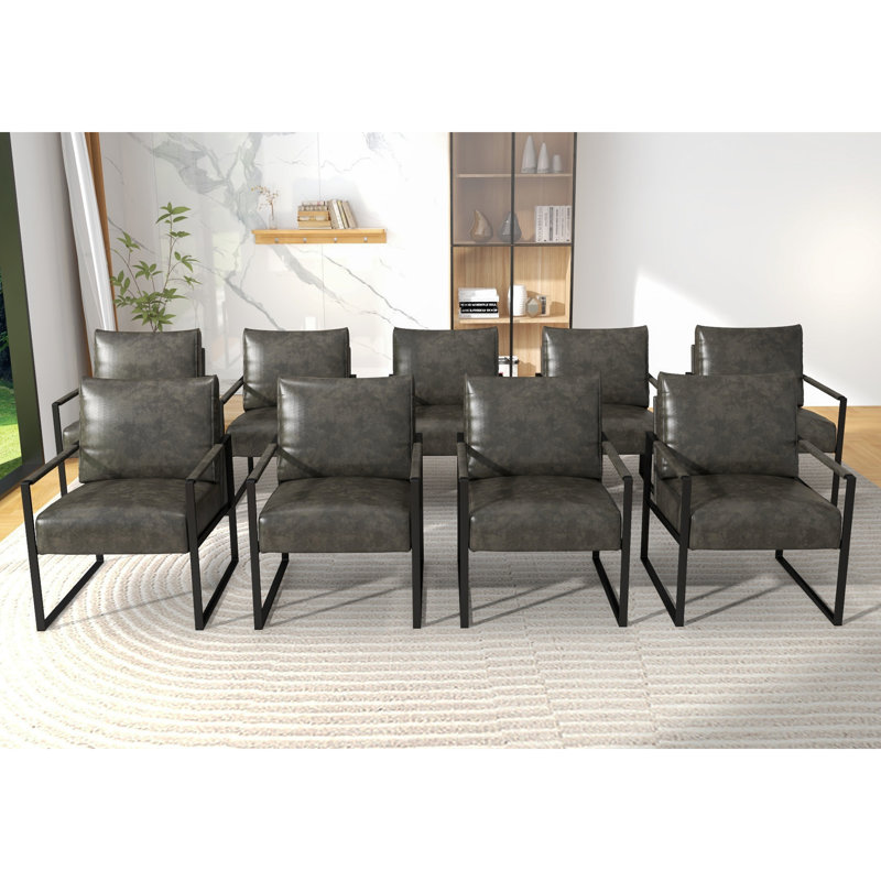 24.6" Wide Minimalist Soft Cushioned Back Upholstered Sled Base Arm Accent Chair (Set of 9), Dark Gray Faux Leather