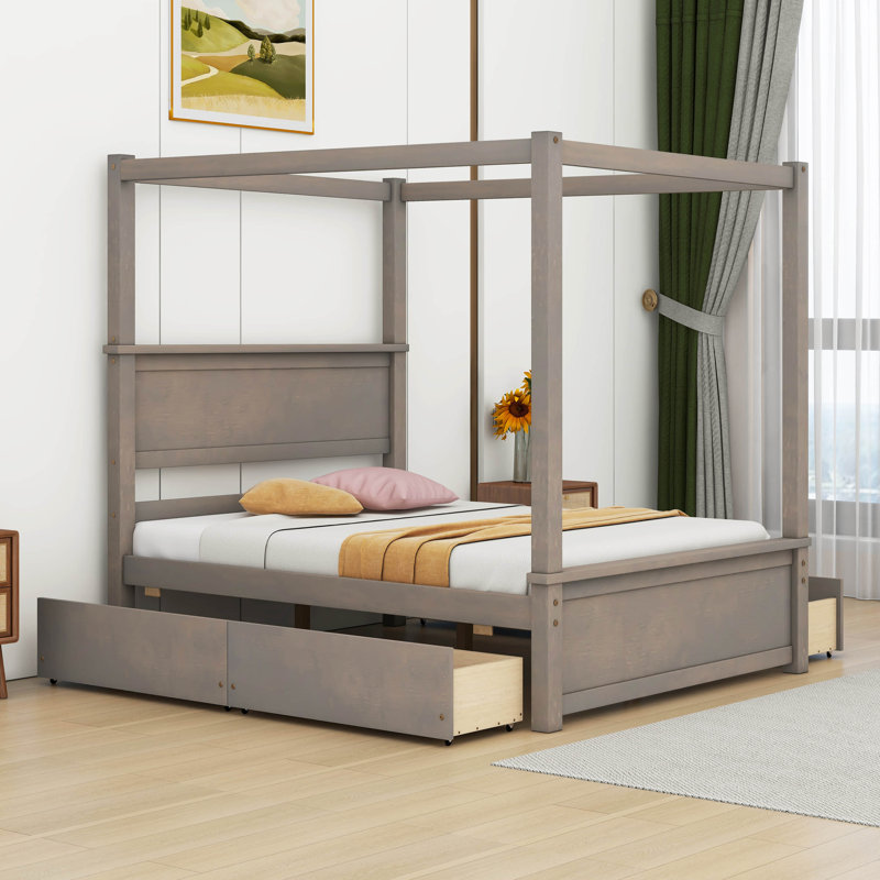 Zaelin Full Size Wood Canopy Bed with four Drawers, Light Brown