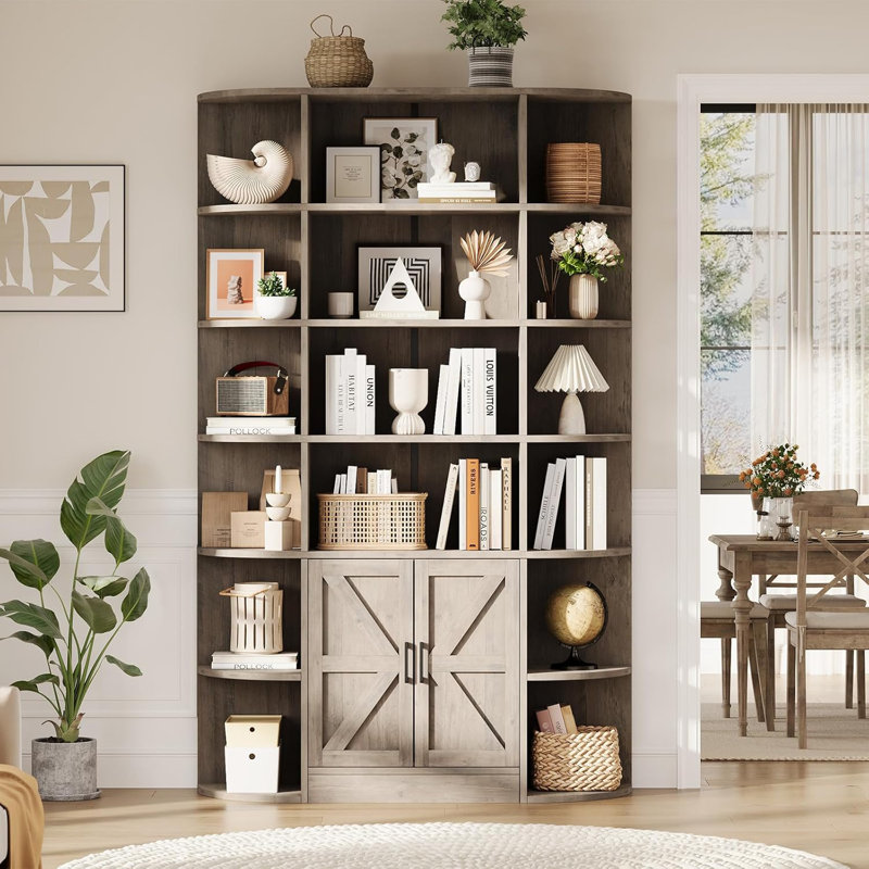 75" Tall 6-Tier Wooden Bookshelf with Storage Cabinet and Doors - Wide Organizer, Gray