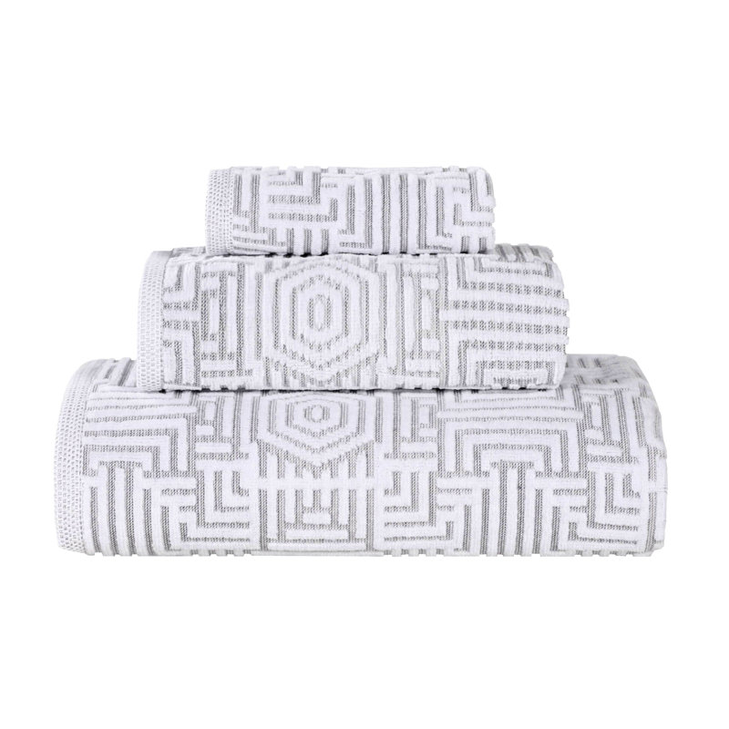 Jorel Cotton Modern Geometric 3 Piece Bathroom Towel Set, Platinum
