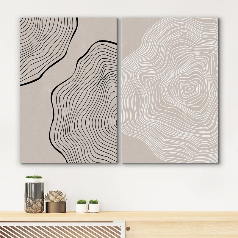 «Black Tan White Tree Wood Ring Collage Nature Modern Art Rustic On Canvas», reproduction de 2 pièces, Toile tendue
