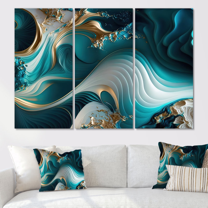 Géode abstraite turquoise II - reproduction de 3 pièces, H 28 po x l 36 po x P 1 po