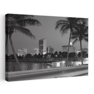 «1970S Night View Skyline with Palm Trees Miami Florida Classic Retro Vintage Palm Tree Urban Architecture, art mural