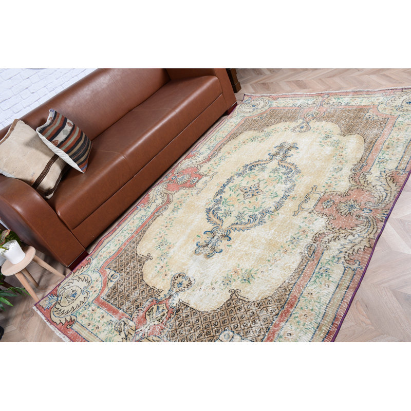 Grand tapis turc beige à motif médaillon idéal pour la décoration de chambre à coucher