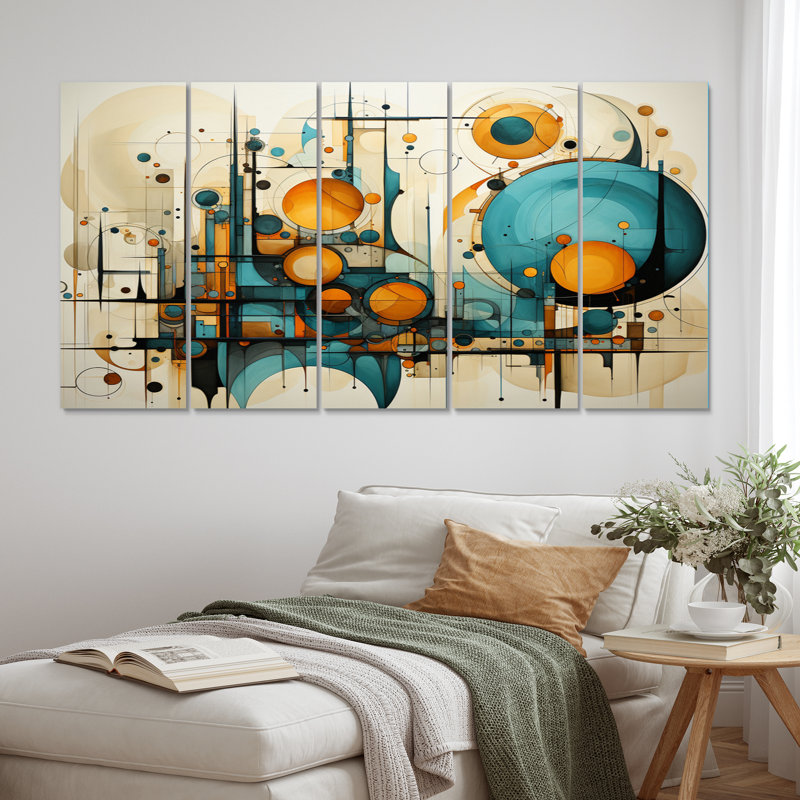 «Teal Yellow Abstract Fractal Collage Melody I», reproduction sur toile tendue 5 pièces