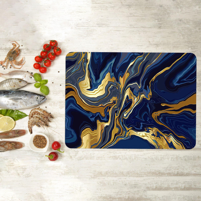 Blue and Gold Abstract Pattern Glass Art Print Featuring Alcohol Ink Design on a Tempered Glass-Like Background Ideal for Modern Home Decor