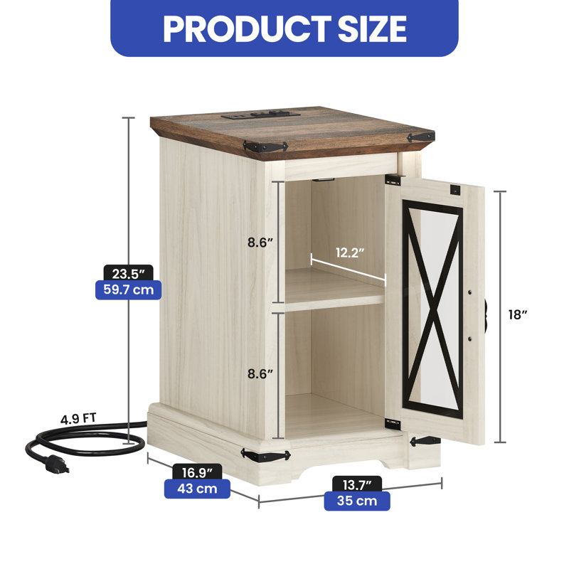 Rustic Farmhouse End Table with Built in Charging Ports, LED Accent Light & Hidden Storage, Brown/Whitewash