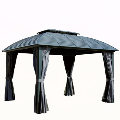Pavillon de jardin extérieur 10 pi x 12 pi, pavillon permanent à toit rigide avec cadre en aluminium pour terrasse de patio, double toit en acier galvanisé, rideaux et filet pour pelouses, jardin, bord de piscine
