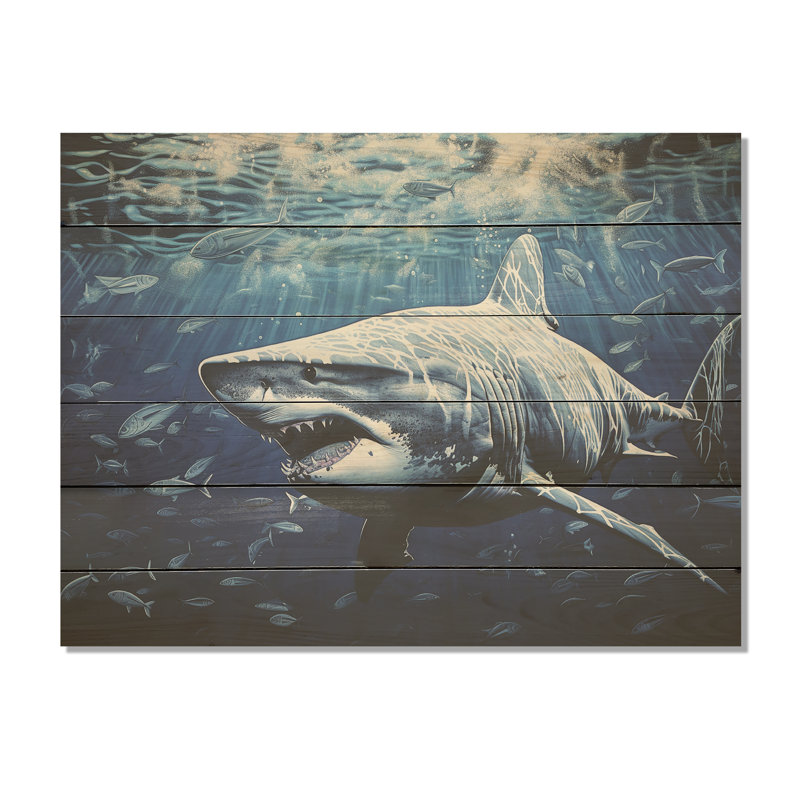 Photographie de profondeur de requin taureau - Art sur bois de pin naturel, H 30 po x l 40 po