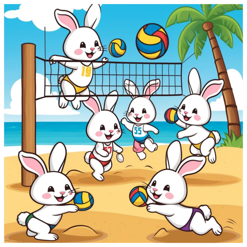 Caricature de lapins jouant des couvertures de volleyball, L 60 po x H 80 po