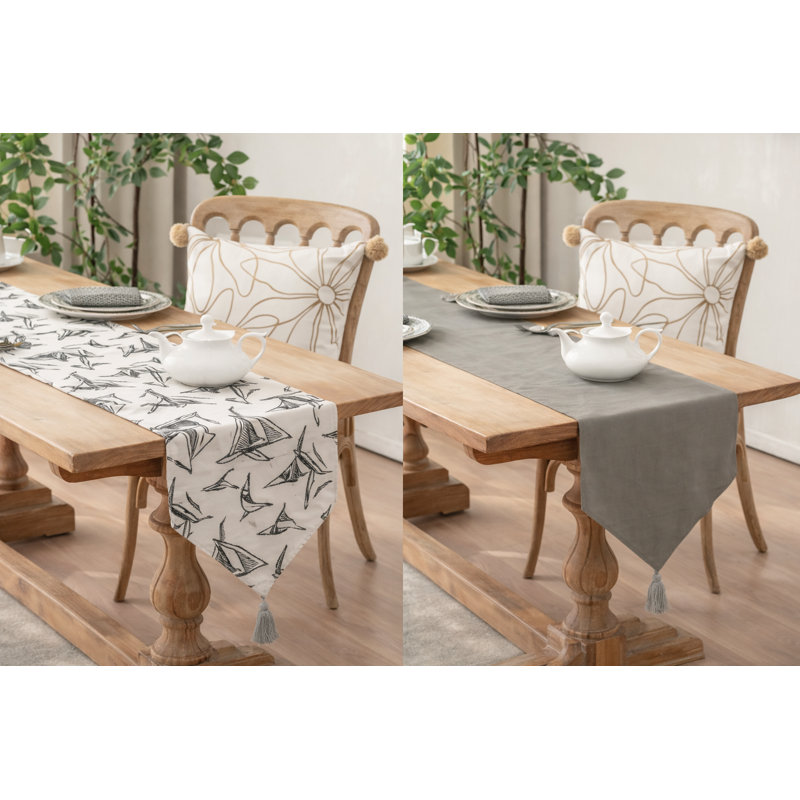 Black Swallow Reversible Cotton Table Runner 14" X 72" With Tassel