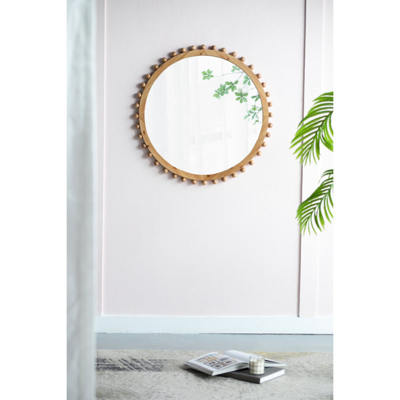 Miroir rond à cadre perlé pour salon, chambre à coucher, décor en bois et maison texturée